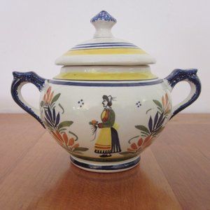 Henriot Quimper France Covered Sugar Bowl Breton Woman